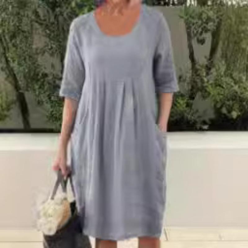 Women's Spring&Autumn&Winter Long Sleeve Round Neck Pocket Solid Colour Swing Dresses