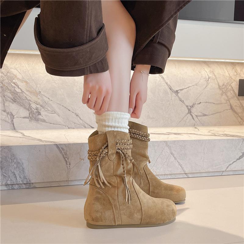 Short boots women's 2025 autumn new retro versatile fringed knight slim popular wasteland style khaki boots
