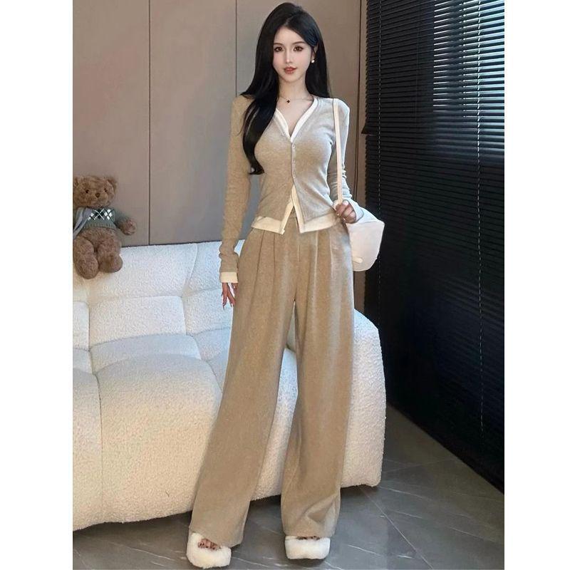 Women's Korean Style Two-Piece Set: Fake Two-Piece Long-Sleeve Top with Wide-Leg Pants - Spring/Autumn Fashion