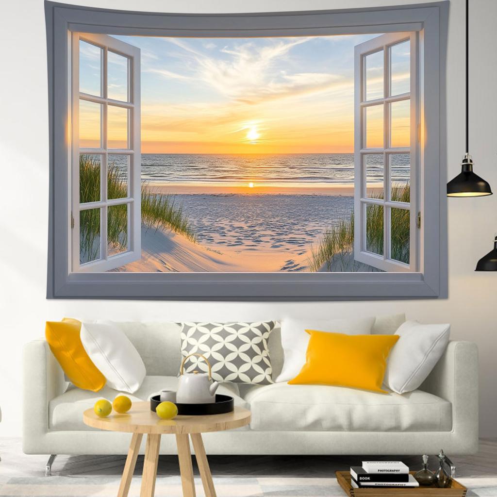 Pink Sky Tapestry, Teal Sea Ocean with Pink Cloud Wall Tapestry for Bedroom, Pastel Nature Landscape Wall Hanging Tapestry Wall