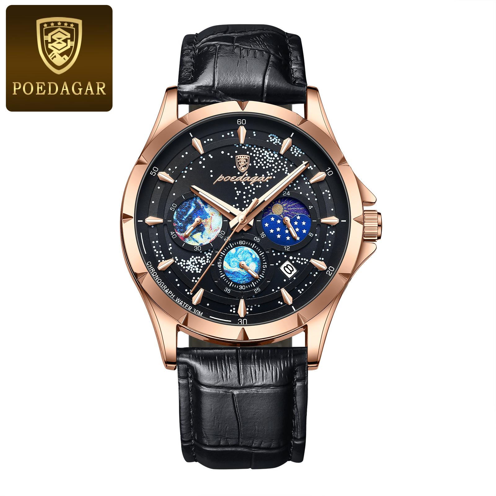

POEDAGAR Luxury Man Wristwatch Business Starry Sky Quartz Watch Waterproof Luminous Chronograph Date Men s Watches Leather рожевий колір золота/чорний