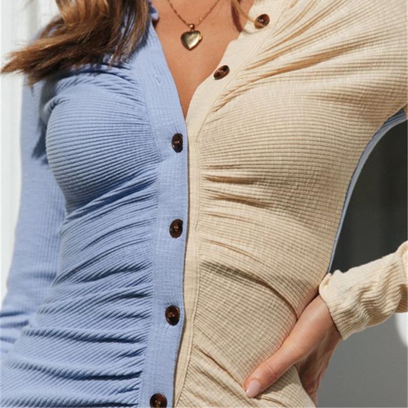 Women Summer Fall Patchwork Sheath Dress Stand-collar Long Sleeve Mini Single-breasted S-XL