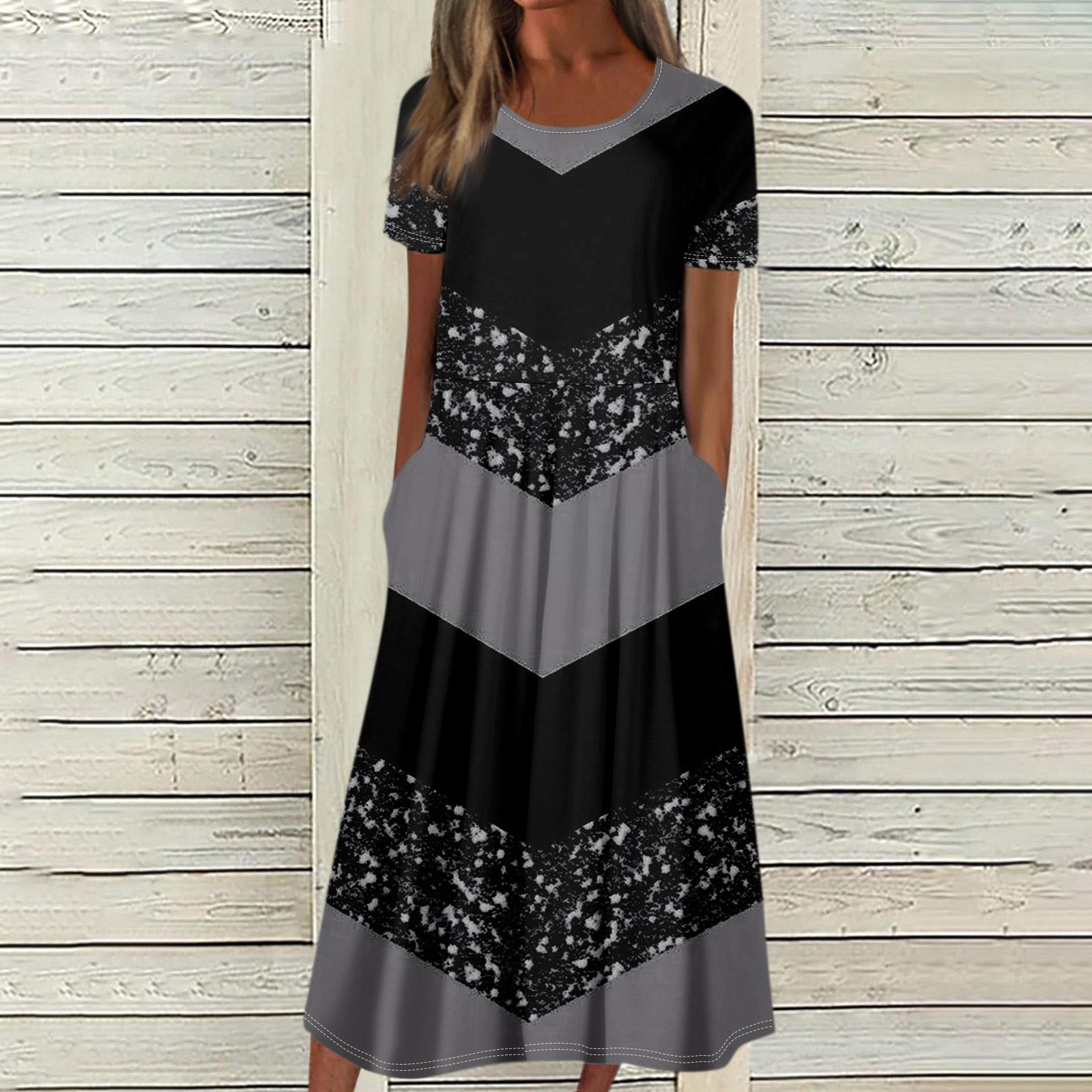 

Женское летнее повседневное модное платье с коротким рукавом и карманом с круглым вырезом XXXL серый