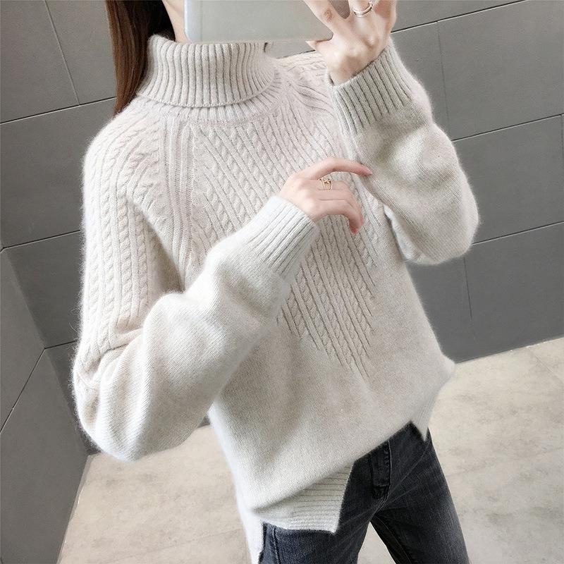 Women's  Knitted Loose Pullover Sweater Thickened Sweater High Collar Shirt Solid Color Autumn/Winter