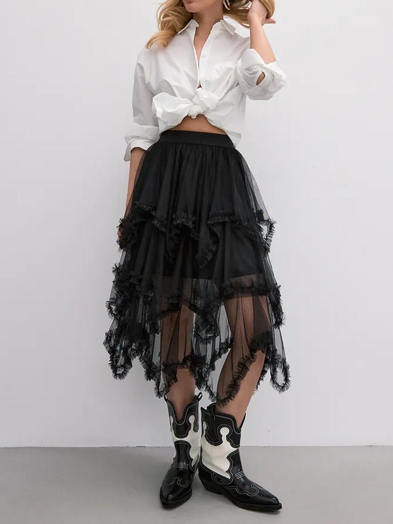 Damen Schwarzer Mesh-Rock Mode Unregelmäßiger Midirock Elegant Rüschen Y2k Stil Kleidung Elastischer Bund
