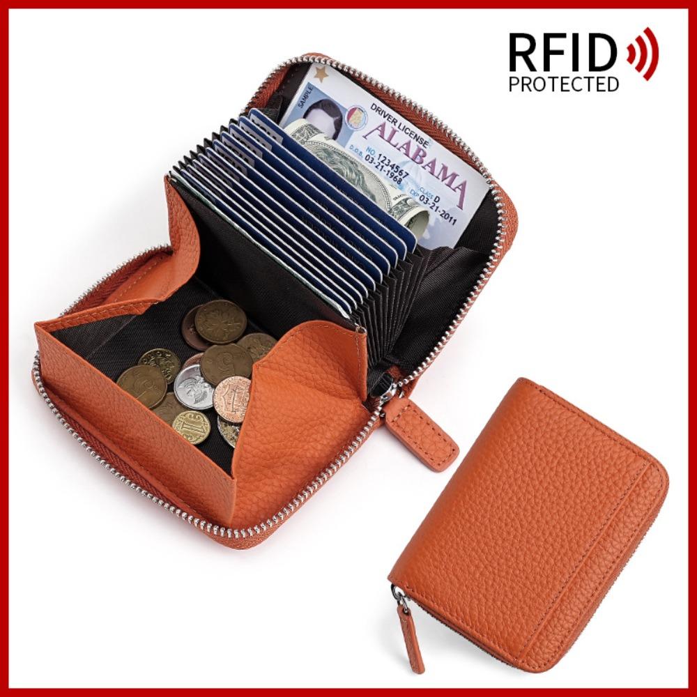 Japanese Style Cowhide RFID Card Wallet, Accordion Multi-Slot Anti-Skimming Zipper Genuine Leather Card Holder for Daily Use