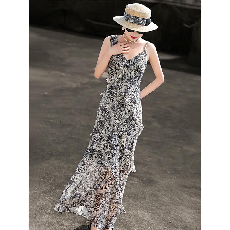 Lanser Women's French Romantic Ruffle Printed Maxi Dress