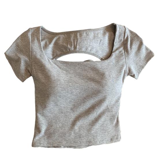 

Women T-shirt Square Collar Short Sleeve Hollow Back Tee Shirt Solid Color серый