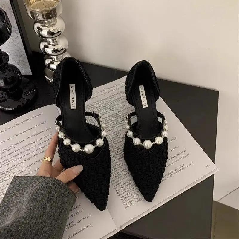 Fashion Pointed Toe Woman Pumps Shoes for Women Pearl Stilito Low Heel Elegant Y2k On Sale Spring Summer 2025 Footwear Beau Today Dress