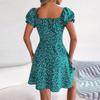 Women's Spring And Summer Casual Flare Sleeve Drawstring Lace-up Floral Dress