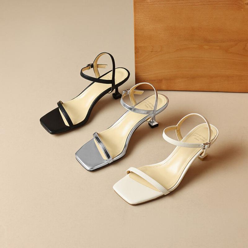 Summer fashion leather high-heeled sandals women's head non-slip new one-word sandals beef tendon sole large size medium heel comfortable