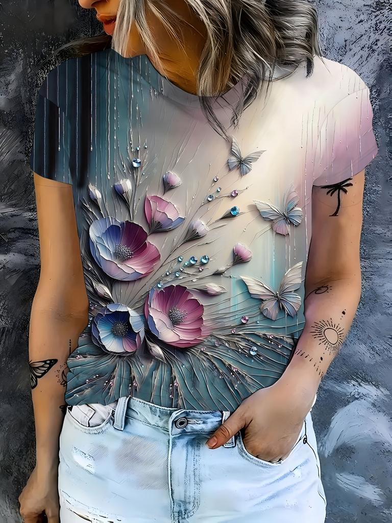 Women's T-shirt Summer Casual Round Neck Short Sleeve 3D Print Floral Pattern Top Loose Casual Wear Ladies T-shirt