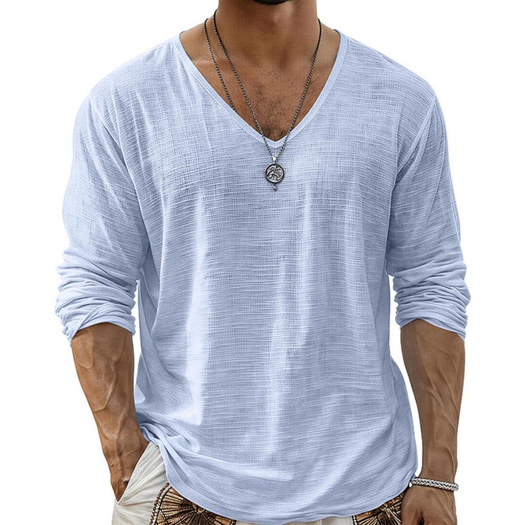 Men Long Sleeve T Shirt V Neck Solid Color Casual Streetwear Lightweight Comfortable Fit Simple Design Long Sleeve Top
