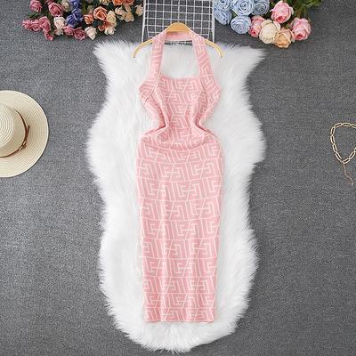 Summer Women Sexy Open Back Halter Print Knitted Sweater Club Party Slim Bodycon Mini Short Sheath Pullover Dresses