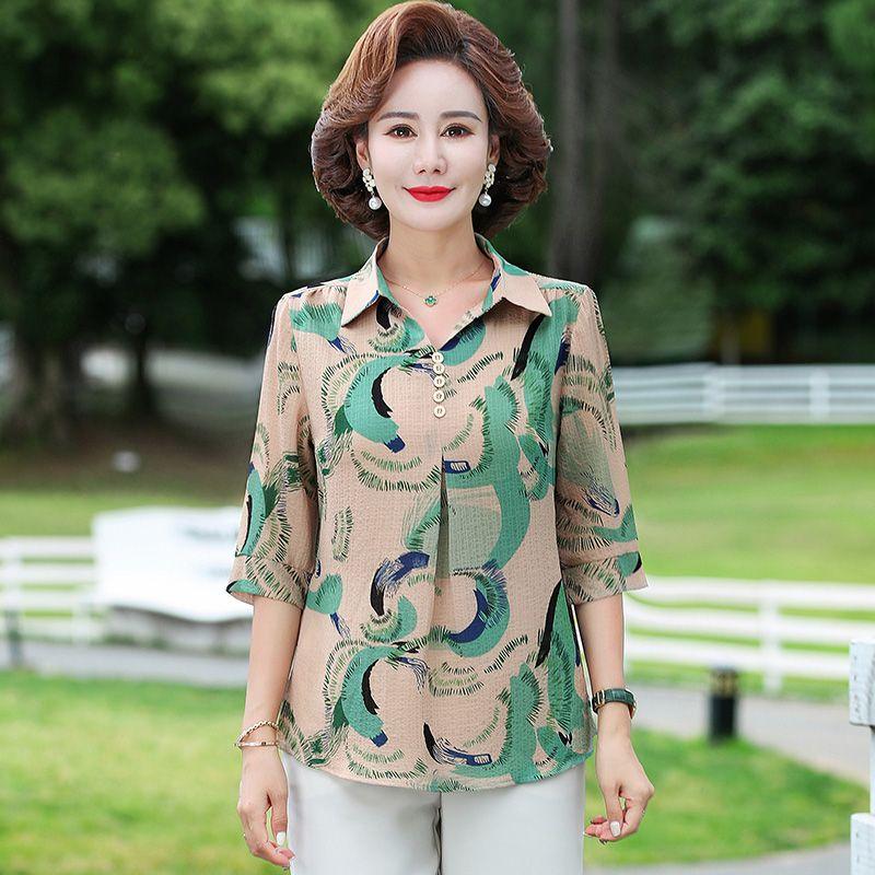 

Летний женский пуловер с принтом, квадратный воротник, рукав до локтя, цветочные пуговицы, шифоновая рубашка, свободные, элегантные, модные, топы для отпуска XXXXXL
