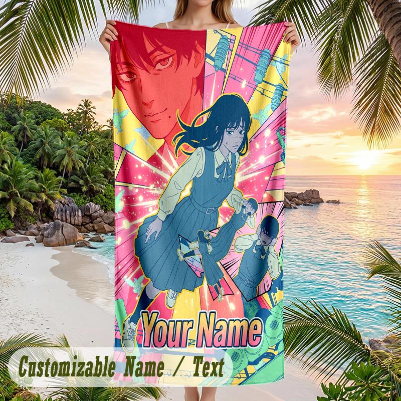 Chainsaw Man Beach Towel, Personalized Custom Name Text, Quick Dry Large Absorbent Towel For Beach Pool
