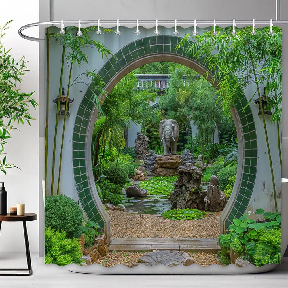 Chinese Archway Scenic Shower Curtain Landscape Waterfall Outdoor Landscape Polyester Fabric Shower Curtains Bathroom Decoration
