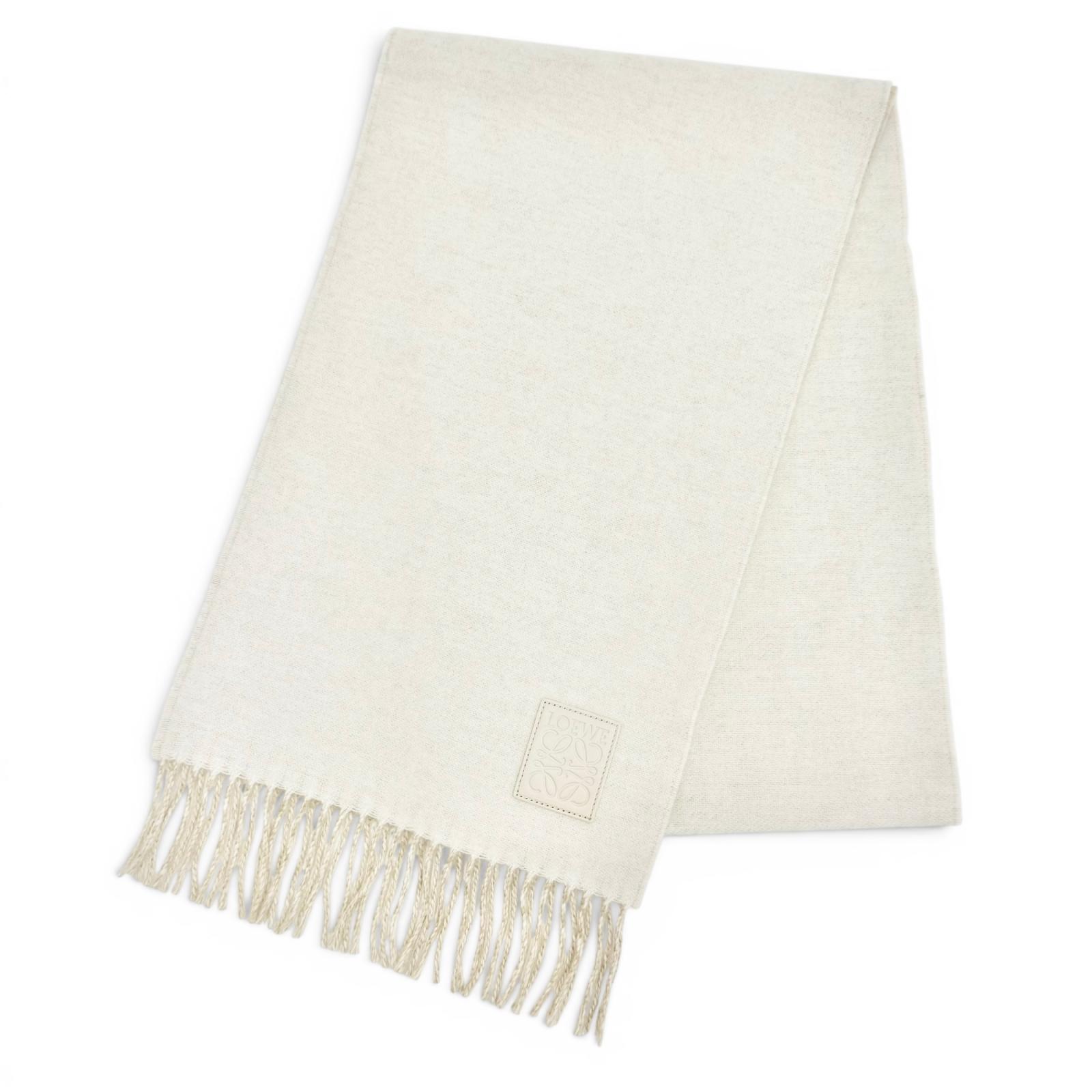 Excellent LOEWE Scarf Anagram logo leather patch fringe Ivory wool Women Used