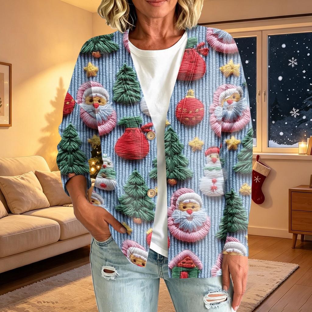 Damen Casual Knopfleistenjacke mit Weihnachtsdruck für festliche Feiertage