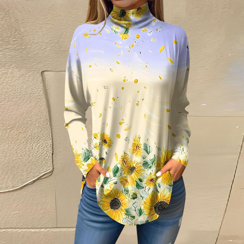 Tee Shirts For Women Fall Casual Long Sleeve Shirts Sweatshirt Vintage Printed High Neck Top Pullover