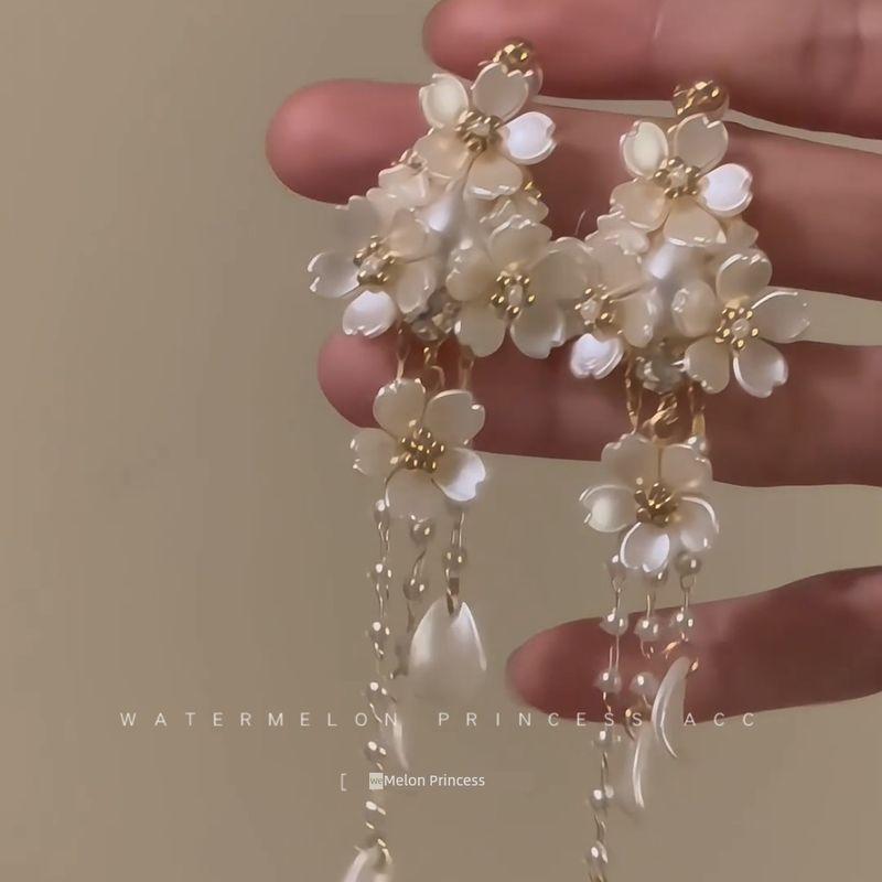 

White Best Selling Women s French Tassel Stud Earrings Flower S925 Silver Needle-Ear Holes