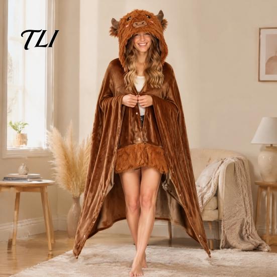 Damen Halloween Kostüm Tier Tragbare Decke Hoodie für Damen, Übergroßer Flanell Pullover Knopfleiste Decke, Cosplay Umhang Nachtwäsche Winter