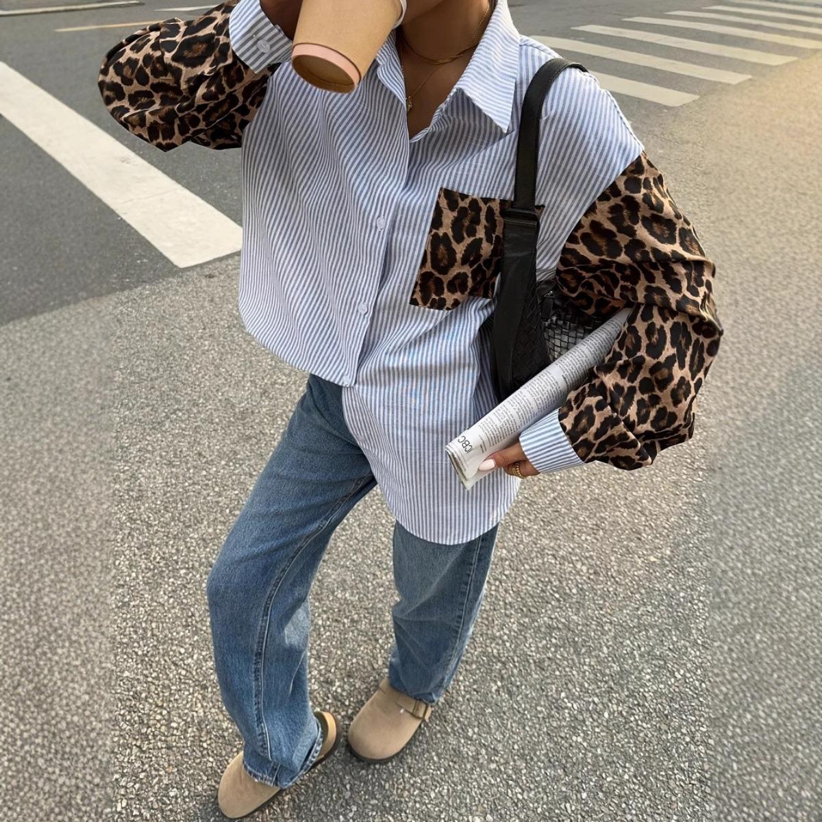 

New Loose Patchwork Striped Shirt Top for Women, Casual Loose Blouse for Europe America Cross Border S