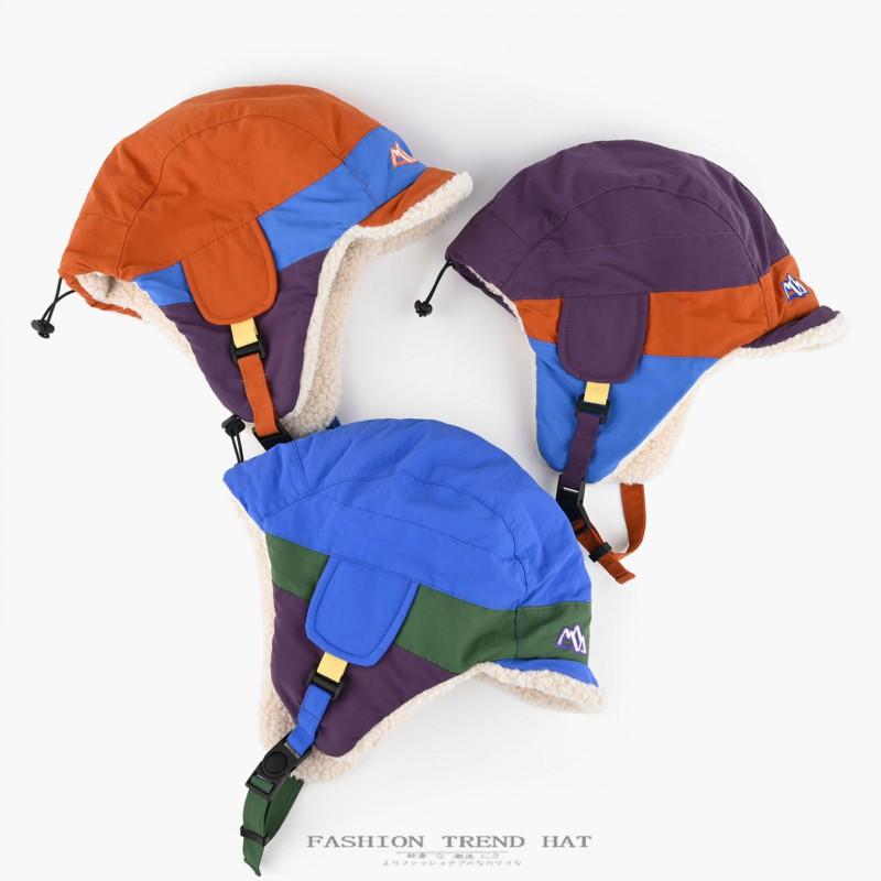 Color-Block Fleece Hat Men Women Winter Warm Ear Protection Beanie With Short Brim