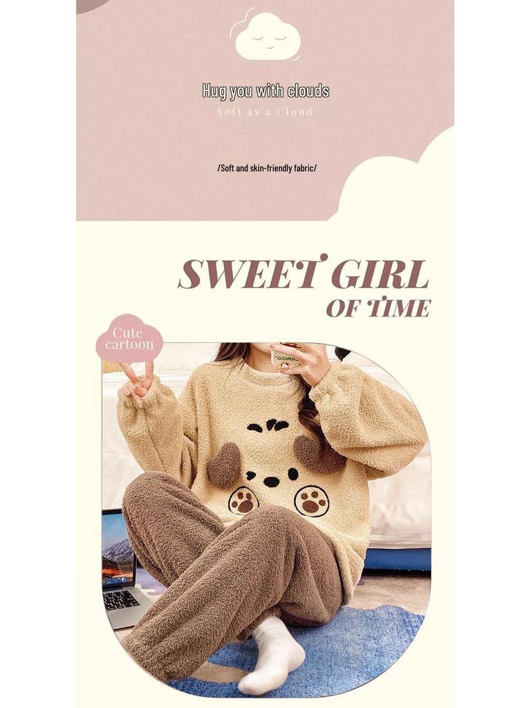 Women's Winter Coral Fleece Pajamas, Long-Sleeved Flannel Set with Velvet, Suitable for Spring and Autumn, Can Be Worn Outdoors