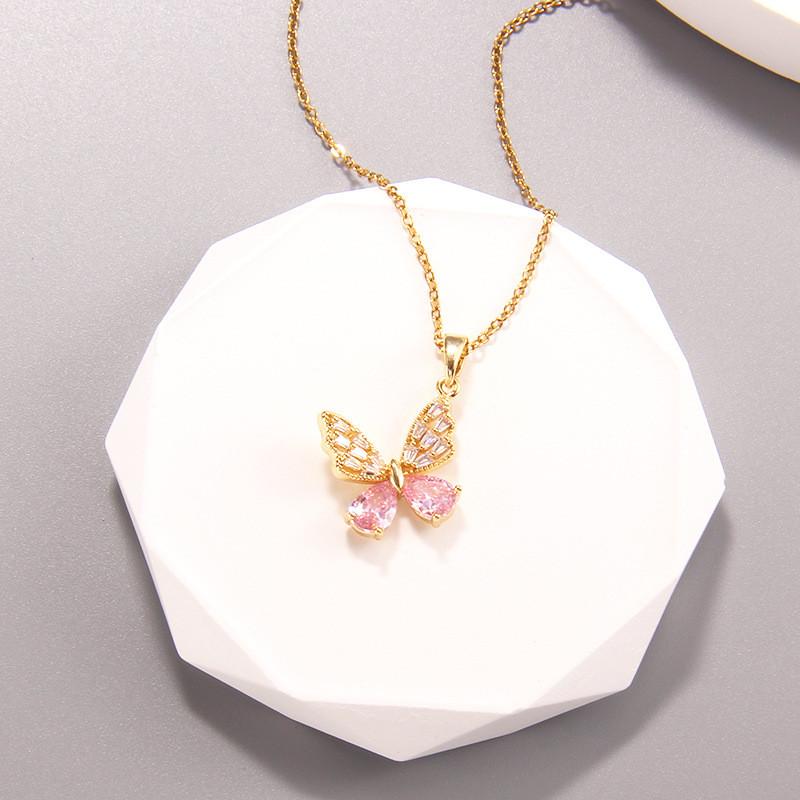 Luxury Zircon Butterfly Pendant Necklace Stainless Steel Fashion Simple Choker Jewelry Birthday Gifts For Women Girls