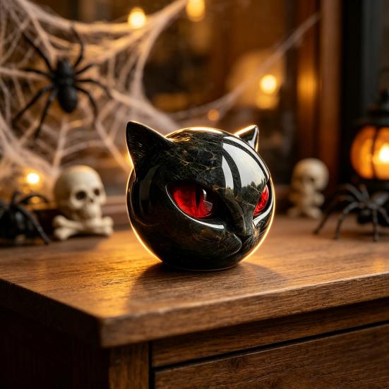Mysterious Obsidian Style Ornament Spherical Black Cat Head Ornament, Resin Gothic Sculpture with Colorful Lover Gift Eyes for Halloween
