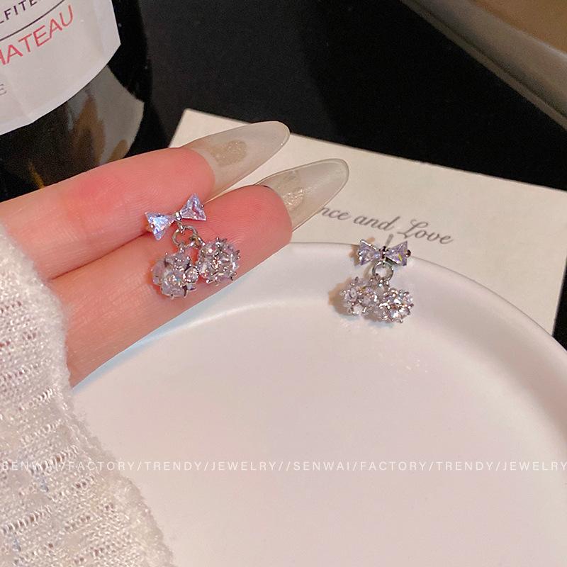 Micro-inlaid Zircon Bow Stud Earrings Women's Earrings Ball Pendant Ears