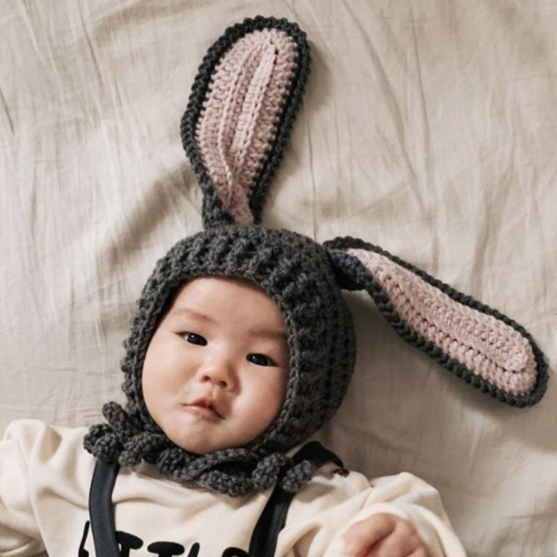 Gorro de punto para bebé infantil Hecho a mano Ganchillo Gorros con tema de animales de dibujos animados Lindo gorro con orejas Accesorios para fotografía de recién nacido