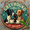 2d Flat 20*20cm, Retro Greyhound Coffee Company Circular Wooden Logo, Retro Wall Decoration with Dog and Coffee Design, Rustic Blue Background