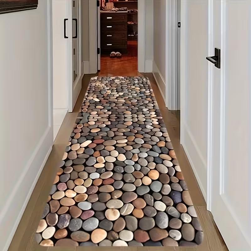 Naturkiesel Läuferteppich, Mehrfarbiger Kieselstein-Mosaikteppich, Strukturierte Fußmatte für Zen & Minimalistischen Flur, Schöne Matte