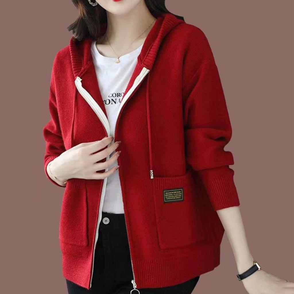 Spring and Autumn Hooded Knitted Top, Casual and Fashionable, External Zipper Sweater, Cardigan Jacket, Women's
