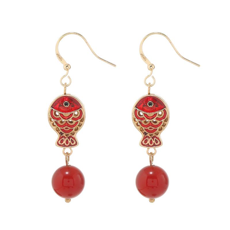 Boucles d'oreilles vintage style chinois poisson rouge koi design de niche féminité style ethnique boucles d'oreilles en jade boucles d'oreilles tendance