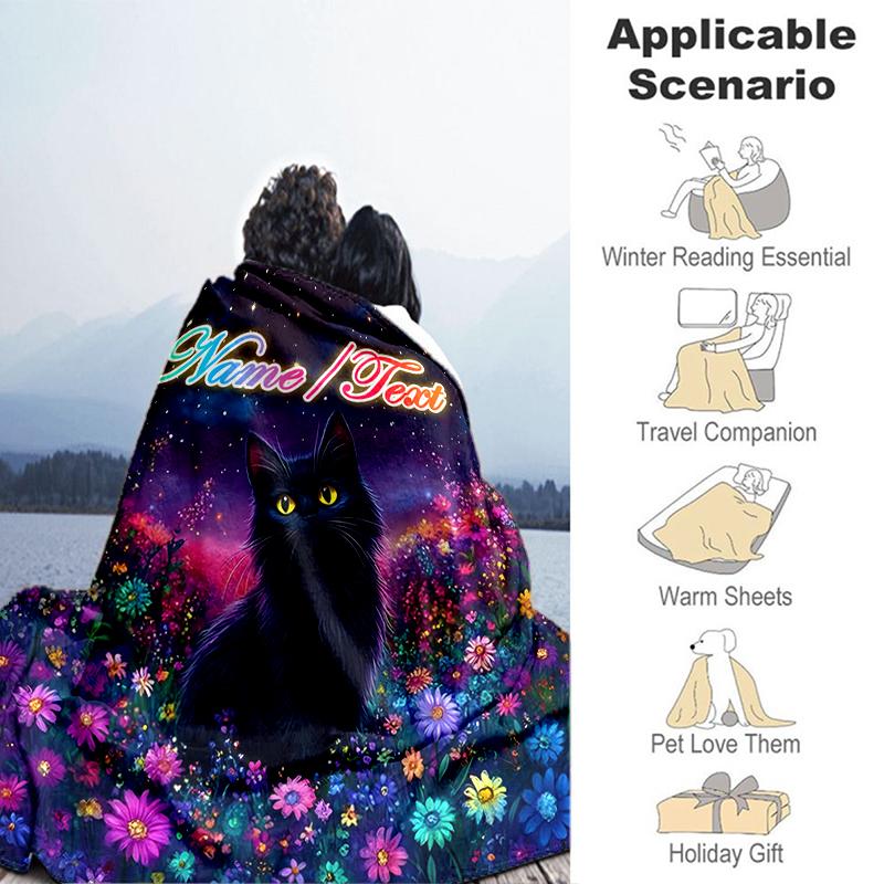 1PC Custom Name Black Cat Flowers Outdooor Flannel Blankets Throw Blanket All-Season Throw Gift Bedspread for Couch, Bed, Camping Holiday Birthday Gif