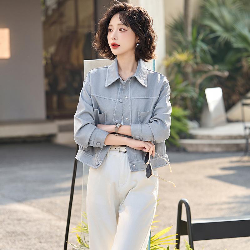 

Короткая кожаная куртка с лацканами Женская Весенняя Винтажная Брюки Джинсы Маленький Кожаный Костюм Куртка Женский XL [recommended 120~ 67.5kg]