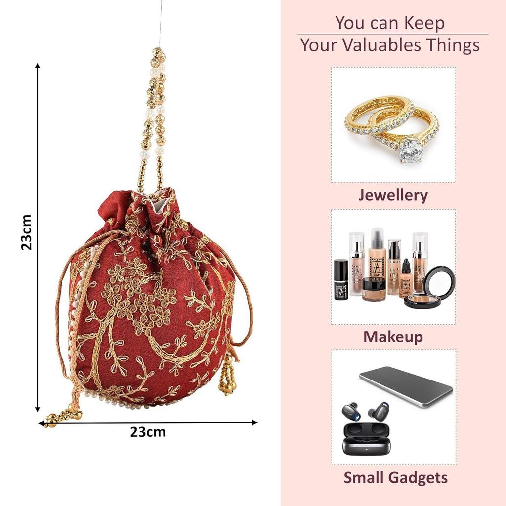 Potli Bags for Ladies & Girls | Women Shagun Pouches for Festive Seasons | Batwa Bag Bridal Purse With Embroidery -Maroon