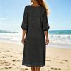 Women’s V Neck Midi Dress with Three Quarter Sleeves Loose Fit Casual Solid Design Lightweight Fabric