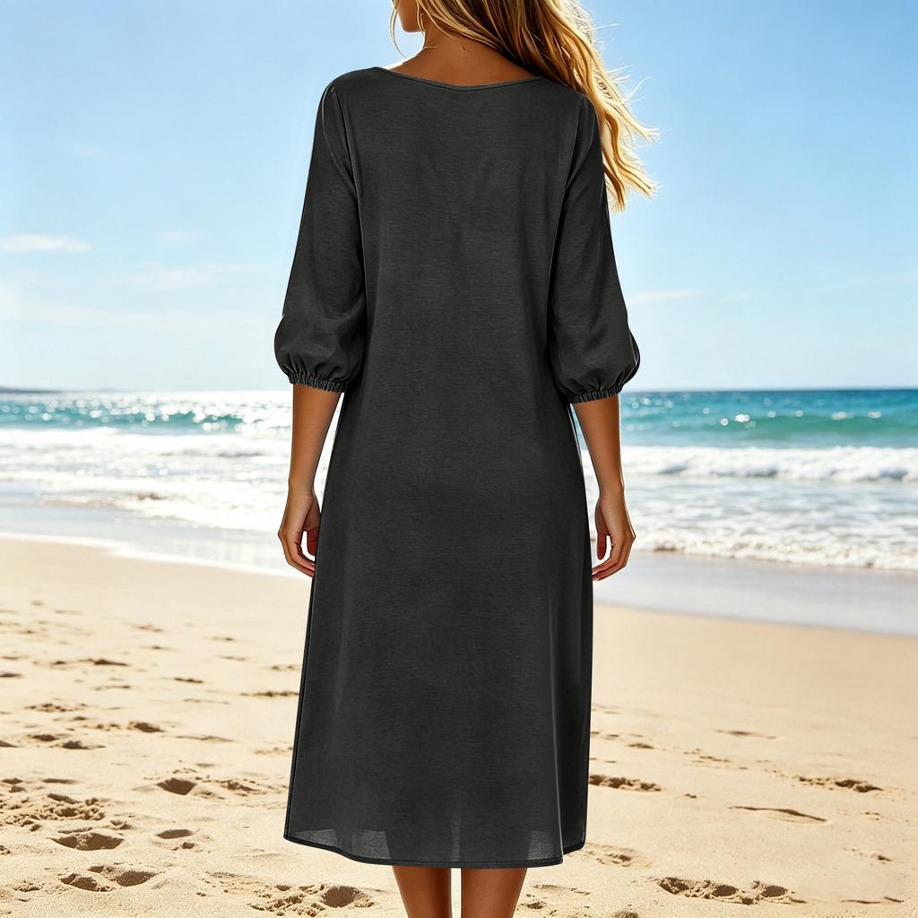 Women’s V Neck Midi Dress with Three Quarter Sleeves Loose Fit Casual Solid Design Lightweight Fabric