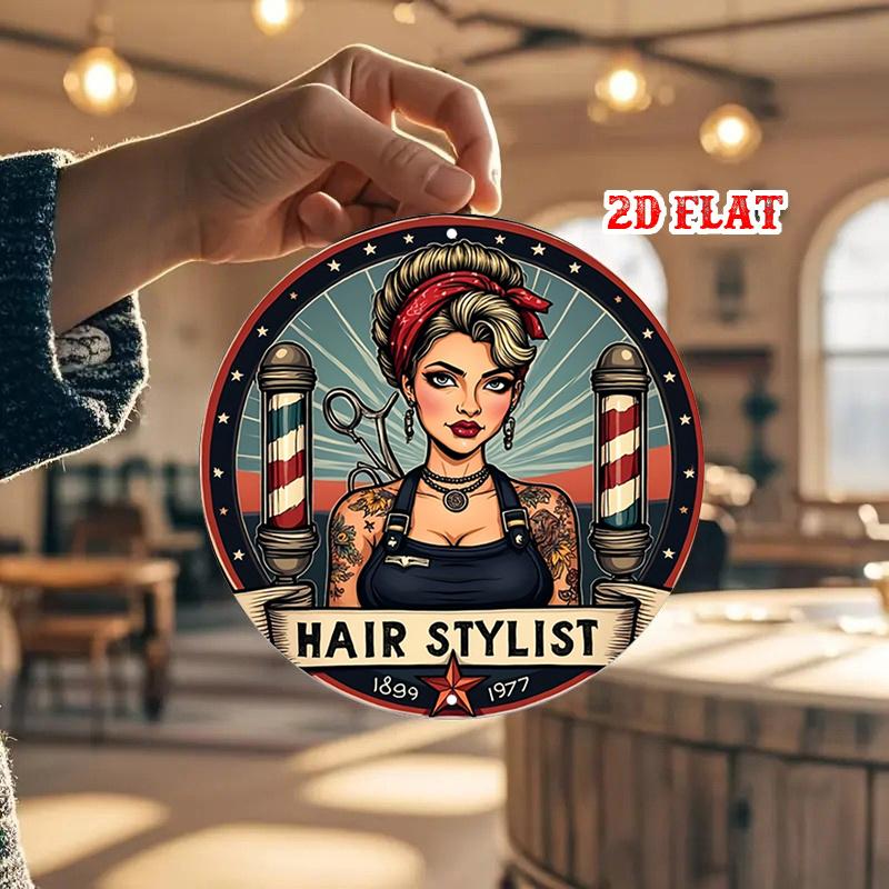 Hisun Tin Sign Vintage Pin Up Hair Stylist Barber Shop Themed Round Metal Tin Sign Retro Beauty Salon Wall Decor Art Plaque