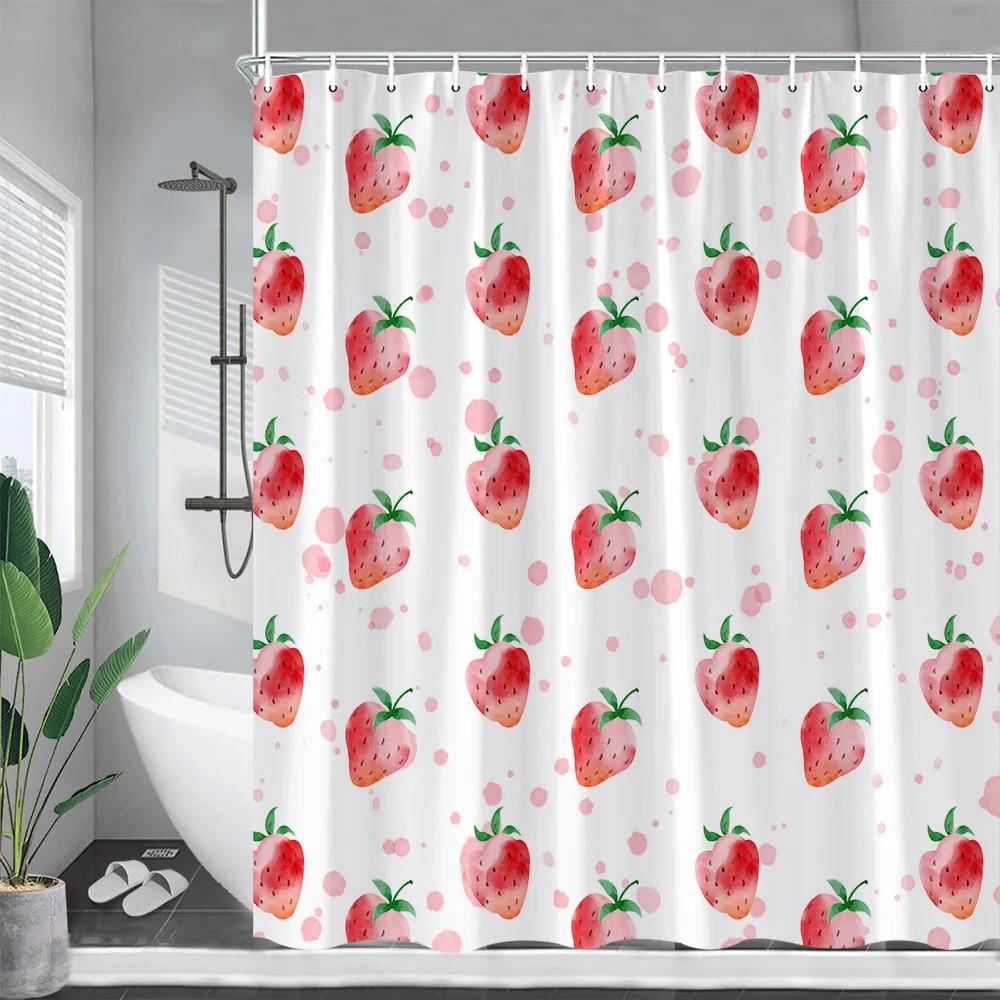 Cartoons Fruit Cherry Shower Curtain Cherries Green Leaf Printing Curtains Waterproof Polyester Bathroom Decor Wall Decoration