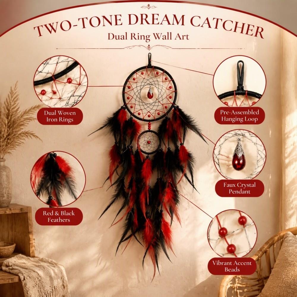 Red Black Color Dream Catcher Dual Ring Design Wall Hanging Decor Hanging Pendant Wall Display