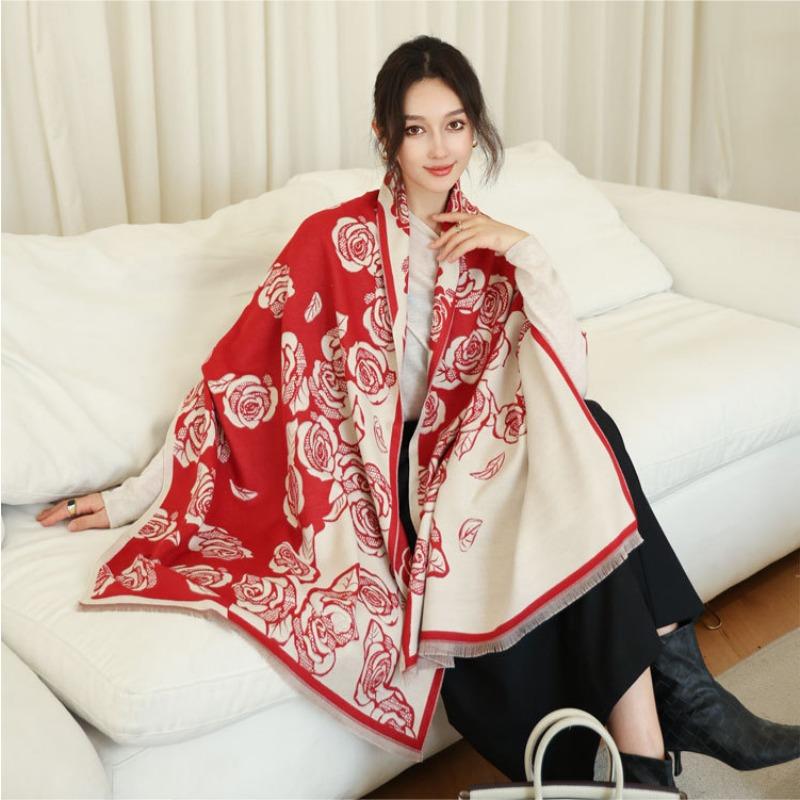 Autumn and Winter Scarf Women's New Rose Story Double-sided Jacquard Imitation Cashmere Scarf Versatile Warm Thickened Shawl