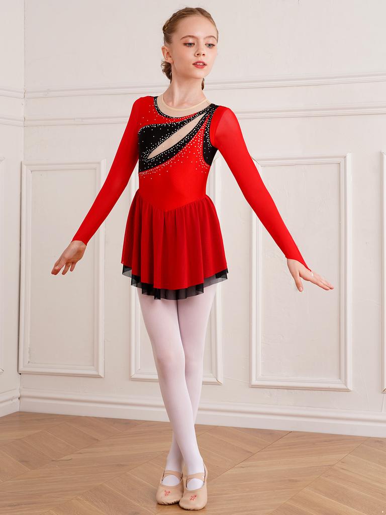 Dětské Dívčí Color Block Dance Dress Třpytivé drahokamy Průsvitná síťovina Dlouhý rukáv Klíčová dírka na zádech Šaty na krasobruslení