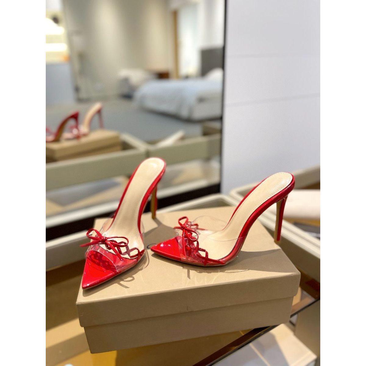 

2025 Женские Повседневные Универсальные Красные, Черные и Белые Телесные Лаковые Коровьи Кожаные Банты Прозрачные Остроносые Супер Высокий Каблук Крутые Шлепанцы 40 красный