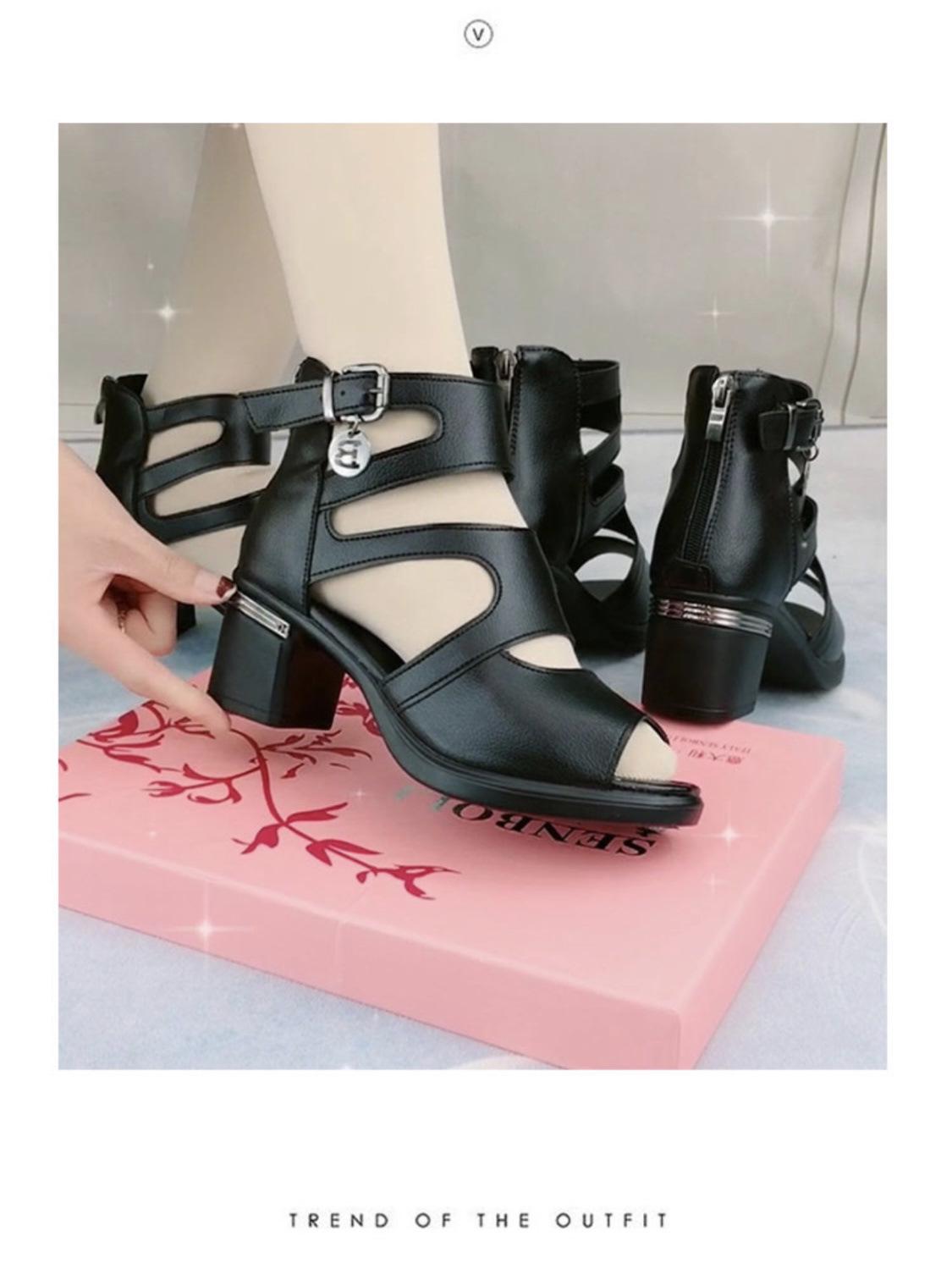 

2025 Summer Soft Leather Women s Peep-Toe Roman Mid-Heel Sandals 41 чорний