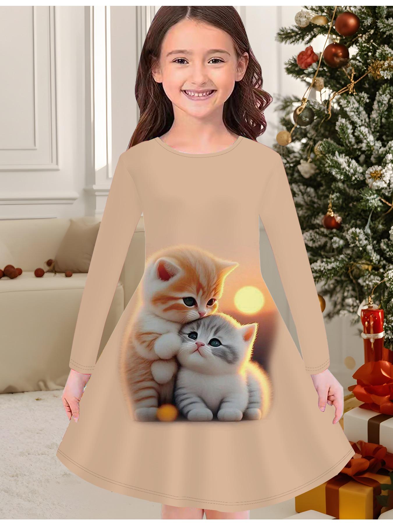 

Модное осенне-зимнее платье для девочек, милый 3D принт с котенком, круглая горловина, длинное детское платье-футболка, повседневное универсальное, рождественская одежда 170 оранжевый